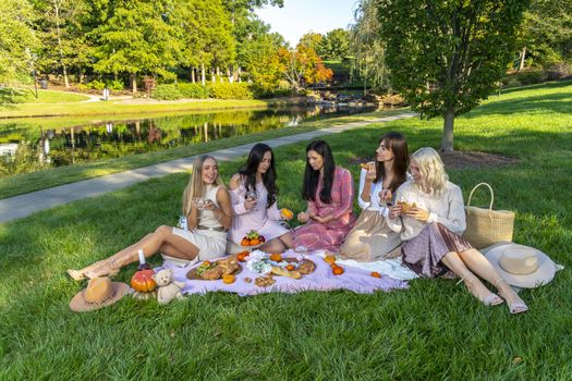 A group of beautiful women enjoy a picnic on a fall day outdoors