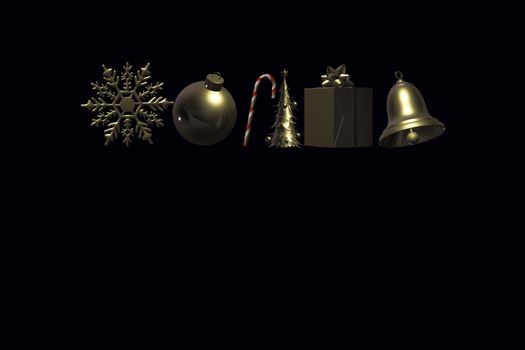 Symbols of Christmas. Gold shiny symbols of Christmas on black background. Snowflake, ball, candy, Xmas tree, gift box, bell. Place for text, greeting card, header. 3D render