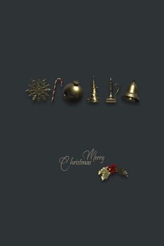 Christmas background with gold symbols of Xmas. Snowflakes, candy cane, ball, tree, candle, bell. Shiny gold text Merry Christmas on dark background. 3D render. Place for text