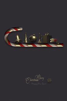 Christmas gold symbols. Xmas tree, snowflake, ball, candle, bell, gift on red gold candy cane over black under magic light. Shiny gold text Merry Christmas Happy New Year. 3D render. Place for text