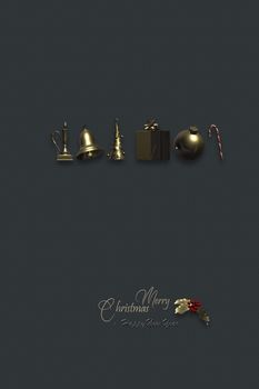 Christmas gold symbols. Xmas tree, snowflakes, ball, candle, bell, gift box on red gold candy cane over black. Shiny gold text Merry Christmas and Happy New Year. 3D render. Place for text