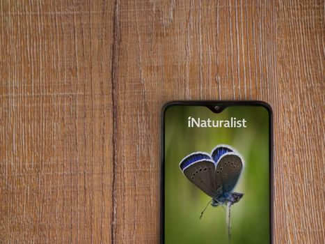 Lod, Israel - July 8, 2020: iNaturalist app launch screen with logo on the display of a black mobile smartphone on wooden background. Top view flat lay with copy space.