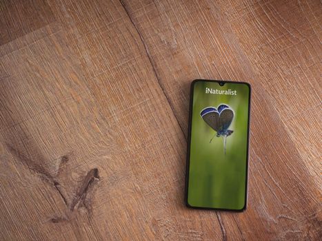 Lod, Israel - July 8, 2020: iNaturalist app launch screen with logo on the display of a black mobile smartphone on wooden background. Top view flat lay with copy space.