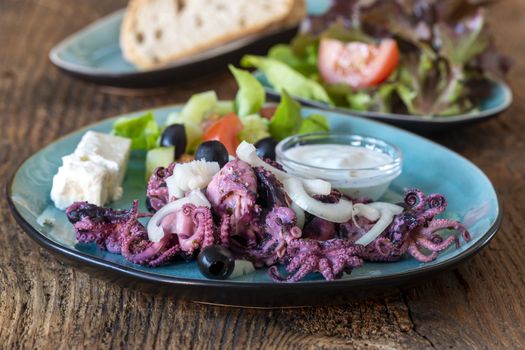 octopus and tsatsiki on a blue plate