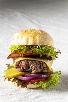 closeup of a single cheeseburger