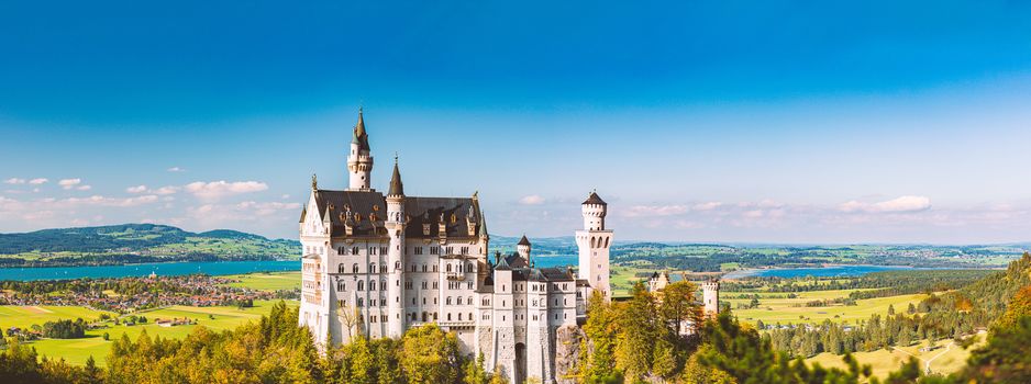 Beautiful view of world-famous Neuschwanstein Castle, the nineteenth-century Romanesque Revival palace built for King Ludwig II on a rugged cliff near Fussen, southwest Bavaria, Germany, Europe