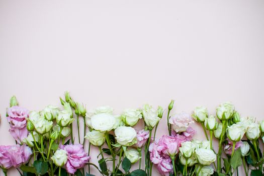 Delicate touching bouquet of white and pink flowers on a light pink background. Layout. Flat lay