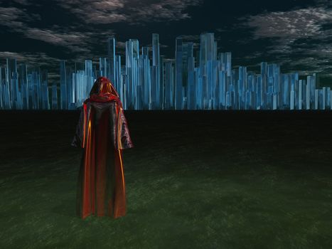 Traveler before the great city. 3D rendering