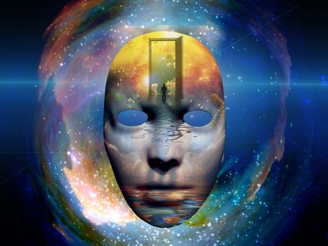 Mask with the image of man and open door to another world at the seashore. Colorful universe on background. 3D rendering