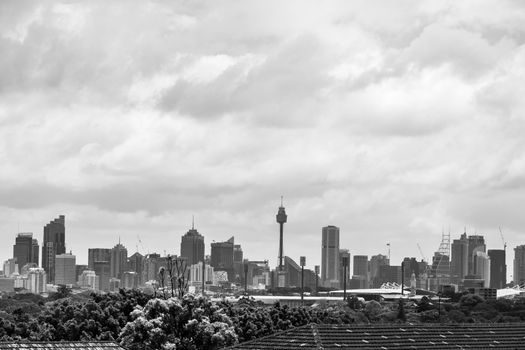 Black and white view of Sydney CBD skyline captured from the south of the city in a cloudy day