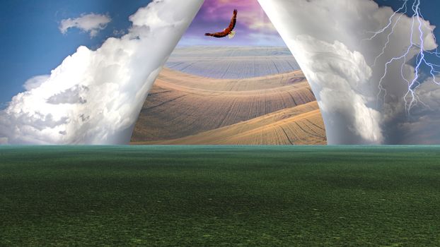 Sky pulled apart like curtain to reveal other landscape. 3D rendering