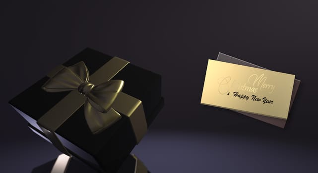 Luxury Christmas banner in black and shiny gold. Gold gift realistic box with bow, text Merry Christmas Happy New Year on dramatic shiny glitter black background. 3D render. Place for text.