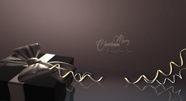 Luxury Christmas design in gold and black. Realistic Christmas gift box, bow, serpentine on reflection over black background. Gold text Merry Christmas Happy New Year. 3D render. Place for text, mock