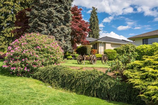 Creatively landscaped yard in residential community with old horse vehicle on green lawn