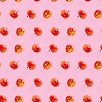 Seamless pattern with ripe apples. Apple seamless pattern on pink background. Tropical fruit abstract background.