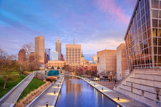 Downtown Indianapolis skyline at twilight