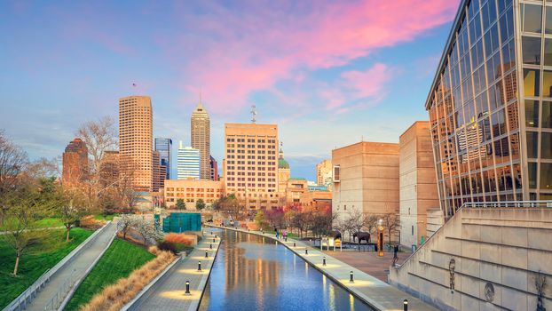 Downtown Indianapolis skyline at twilight