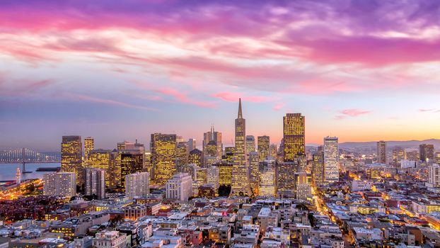 Beautiful view of  business center in downtown San Francisco at sunset.