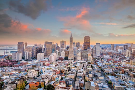 Beautiful view of  business center in downtown San Francisco at sunset.