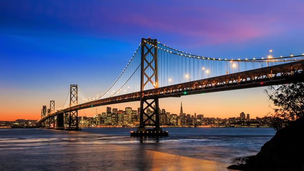 San Francisco skyline and Bay Bridge at sunset, California USA