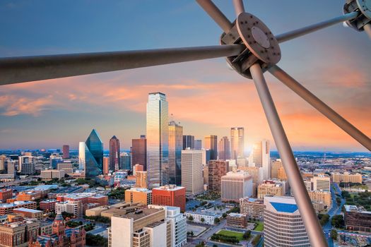 Dallas, Texas cityscape with blue sky at sunset, Texas