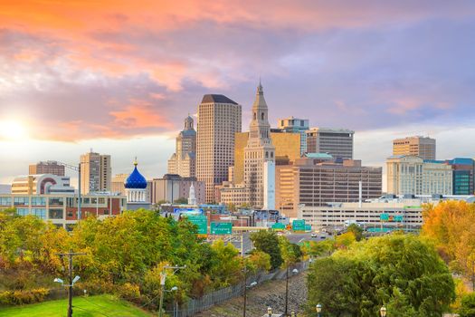 Skyline of downtown Hartford, Connecticut from above Charter Oak Landing at sunset.