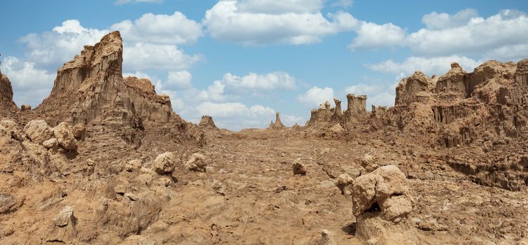 impressive rock formations rise in the Danakil depression like stone rock city. Landscape like Moonscape, Danakil depression, Ethiopia, Africa