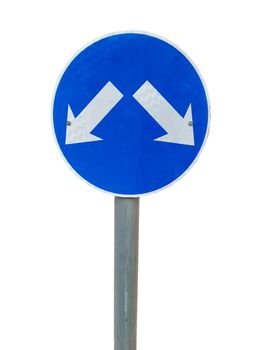 Road sign pointing at two directions. Isolated on white. Alternative and multi choice concept.