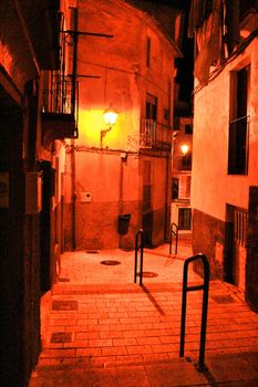 Narrow streets at night in Jijona village in Alicante province, Spain.