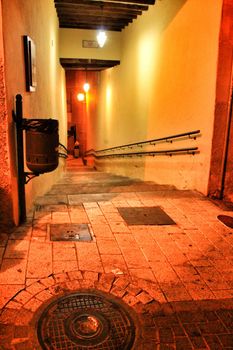 Narrow streets at night in Jijona village in Alicante province, Spain.