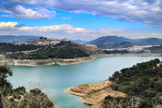 Spectacular views of the swamp, village and mountains of Iznajar in Cordoba, Spain