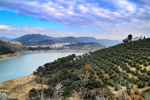 Spectacular views of the swamp, village and mountains of Iznajar in Cordoba, Spain
