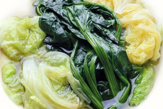 homemade boiled vegetables of spinach and cabbage, healthy gourmet food recipe, good work from home lunch idea