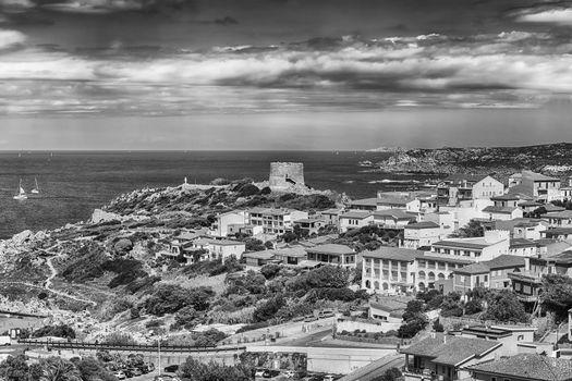 Scenic aerial view over the town of Santa Teresa Gallura, located on the northern tip of Sardinia, on the Strait of Bonifacio, in the province of Sassari, Italy