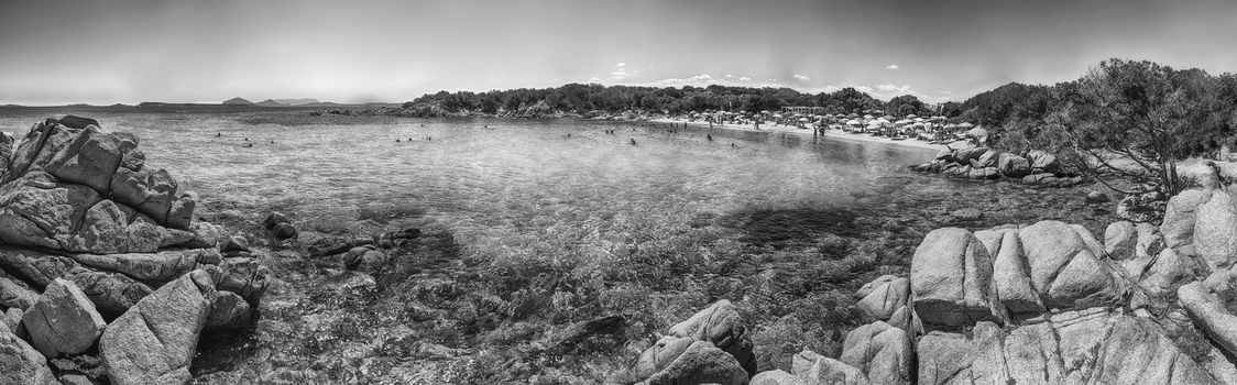 Panoramic view over the enchanting beach of Capriccioli, one of the most beautiful seaside places in Costa Smeralda, northern Sardinia, Italy