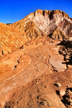 Sediments, rock formations and mineral streaks in an old abandoned quarry in Mazarron, Murcia, Spain