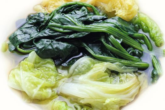 homemade boiled vegetables of spinach and cabbage, healthy gourmet food recipe, good work from home lunch idea