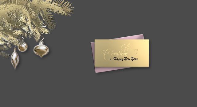 Christmas luxury banner. Gold Christmas fir, Xmas shiny balls baubles. Text Merry Christmas Happy New Year over gold label. Invitation, banner, frame. Place for text, mock up. 3D render