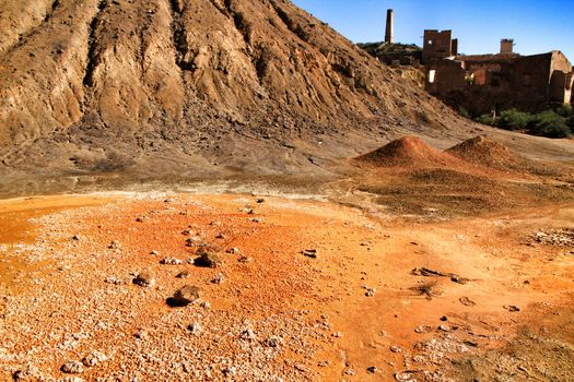 Sediments, rock formations and mineral streaks in an old abandoned quarry in Mazarron, Murcia, Spain