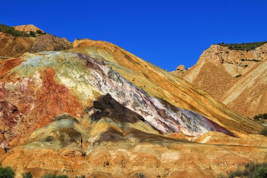 Beautiful and colorful mineral streaks and sediments in a old abandoned quarry