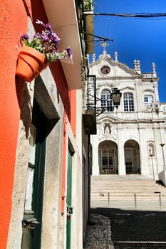 Lisbon, Portugal- March 7, 2020:Beautiful Nossa Senhora Das Merces church facade in Lisbon