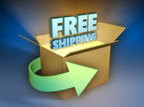 Free shipping 3d text coming out of a shipment box. 3D illustration.