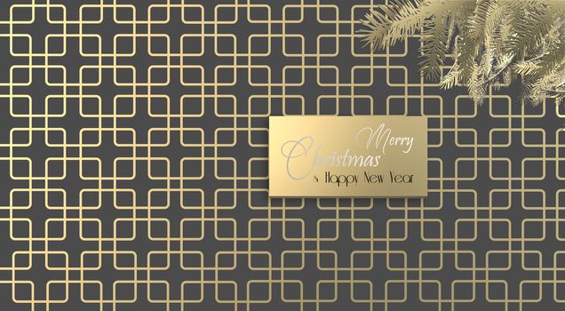 Christmas background, art deco style in gold. Shine gold design with Xmas fir, text Merry Christmas Happy New Year. 3D render. Place for text, mock. Luxury Invitation,