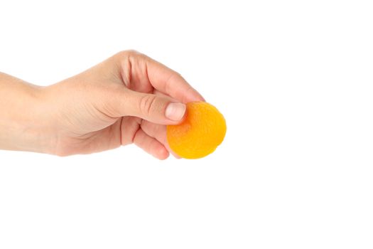 Female hand hold dried apricot isolated on white background