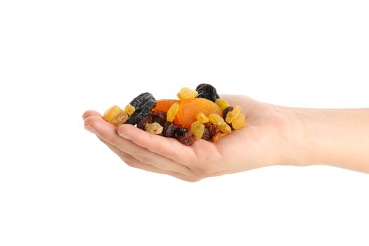 Female hand hold dried fruits, isolated on white background