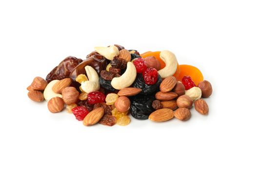 Nuts and dried fruits isolated on white background