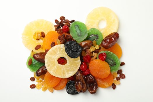 Dried fruits on white background, top view