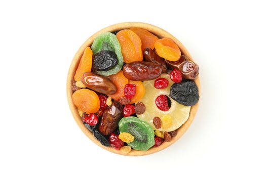 Bowl with dried fruits isolated on white background