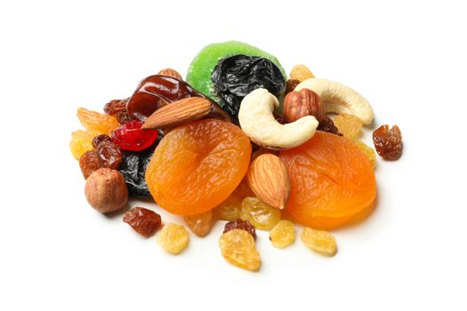 Nuts and dried fruits isolated on white background