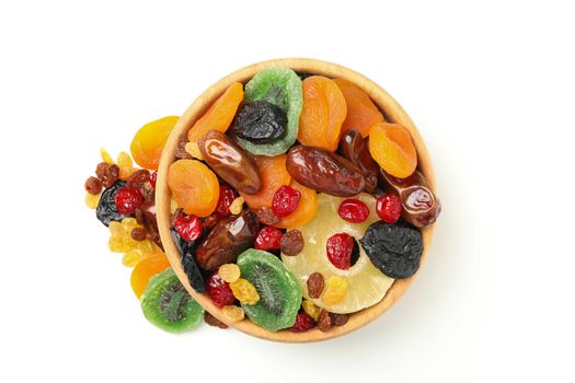 Bowl with dried fruits isolated on white background